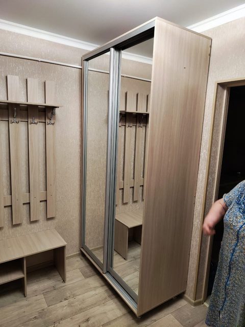 светлый двух дверный шкаф-купе с зеркалом в прихожую